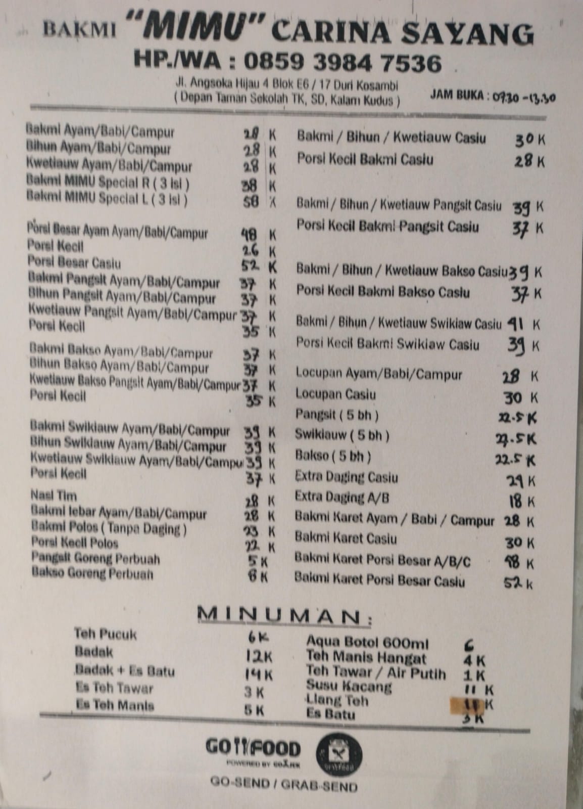 Foto Daftar Menu Lengkap Bakmi Mimu